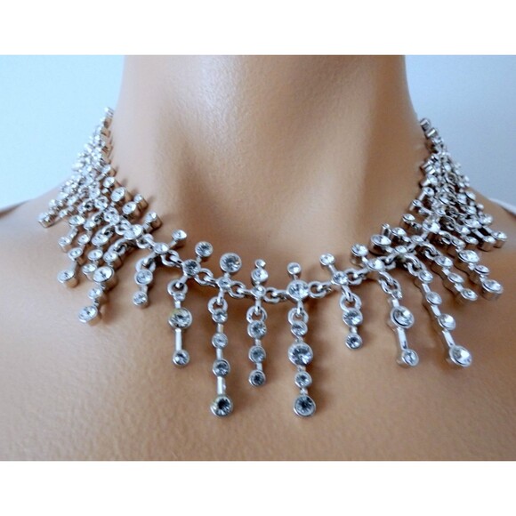 SET VTG ST. JOHN Silver Swarovski Crystal Choker Necklace Earrings  2000 Bridal - Picture 1 of 11